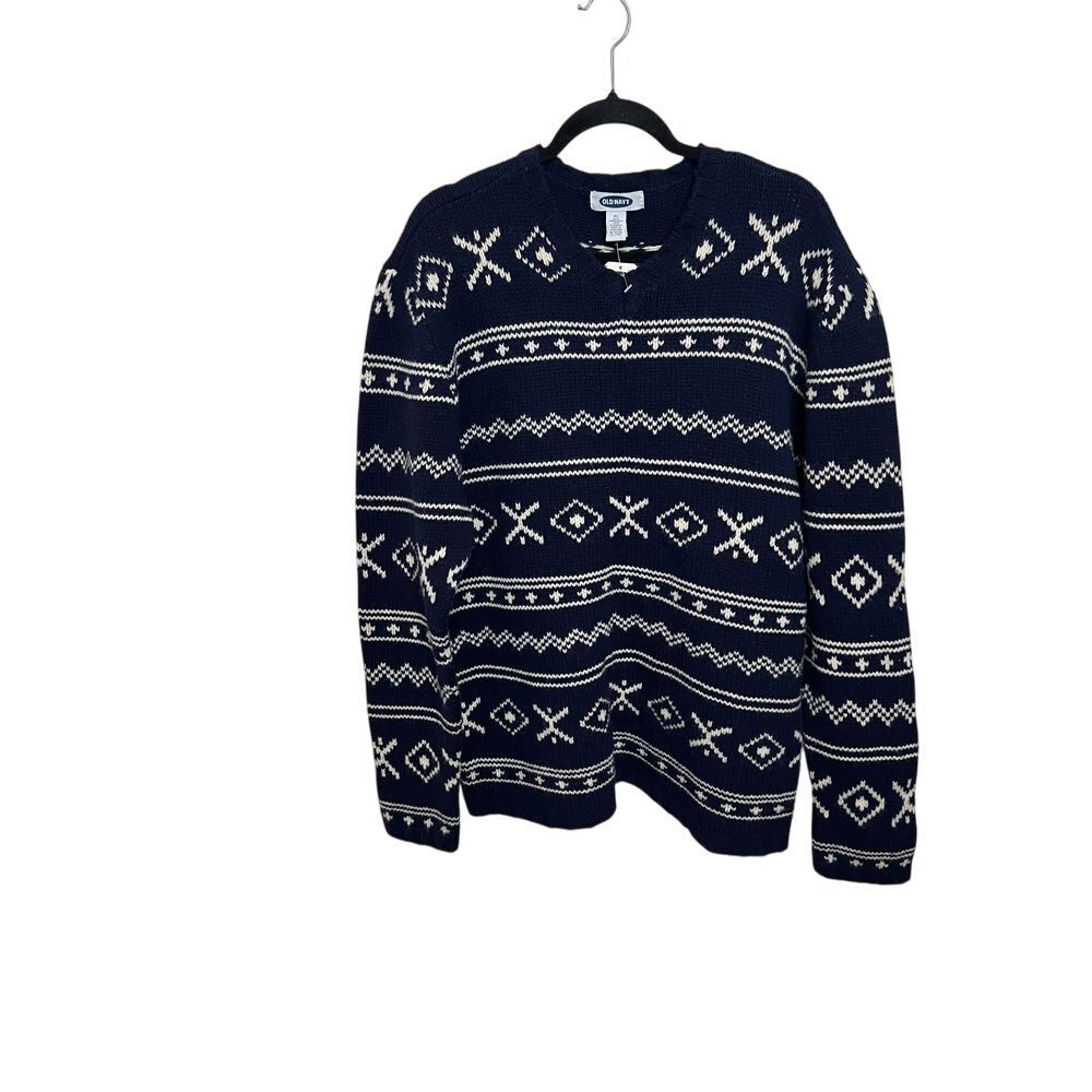 Old Navy Mens XL Lambswool Fair Isle V-Neck Sweater Navy Blue White Vintage